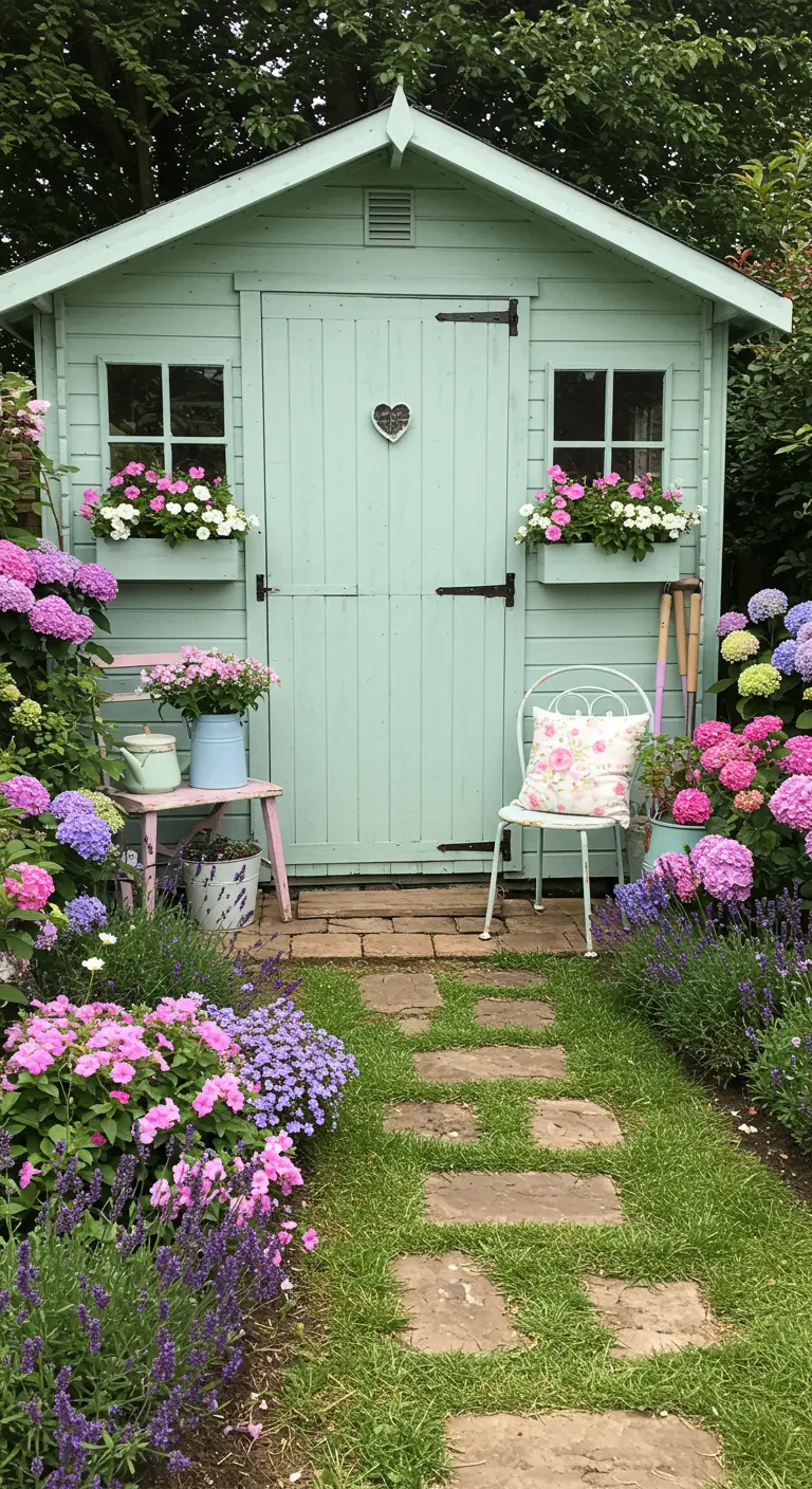 Mintgroen tuinhuisje met bloembakken, pastel bloemen, vintage tuinstoel en gieter.
