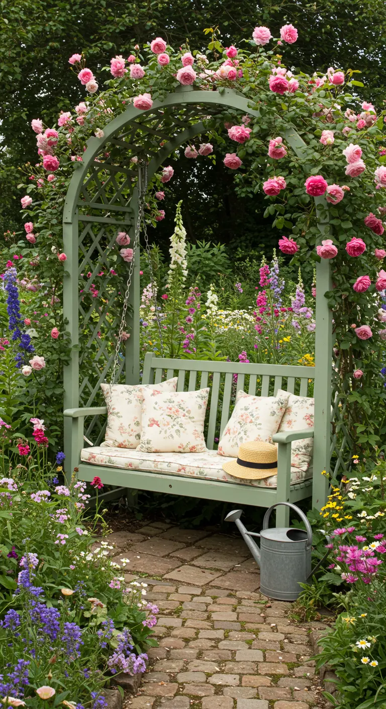 Saliegroene houten schommelbank met bloemenprint kussens onder rozenboog.