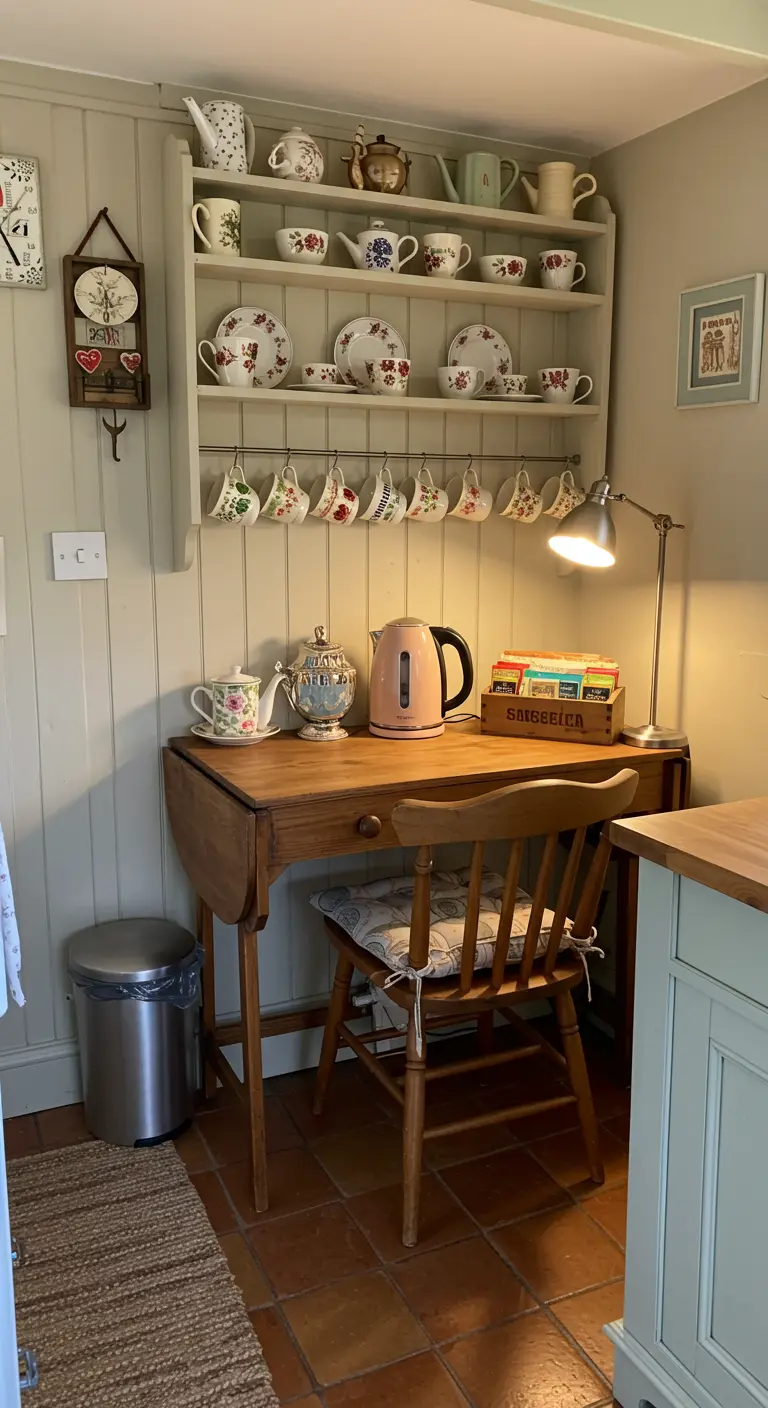 Cottage-stijl theehoekje met klein houten bureau, serviesplank en stoel.