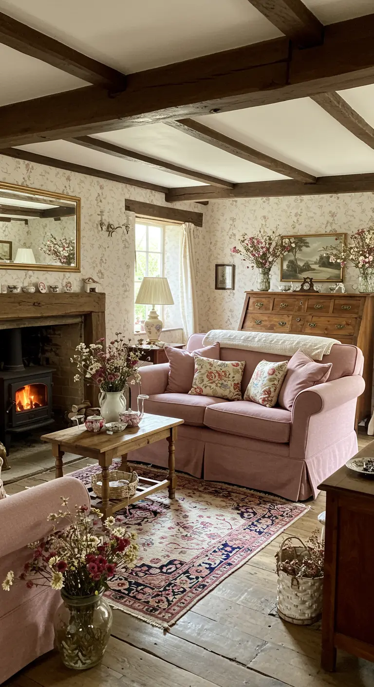 Landelijke cottage woonkamer in oudroze en mauve met bloemenpatronen en houten meubels.