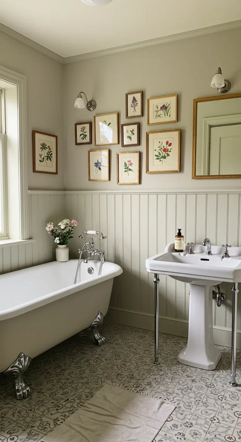 Cottagecore badkamer met een verzameling ingelijste botanische prenten boven een bad op pootjes.