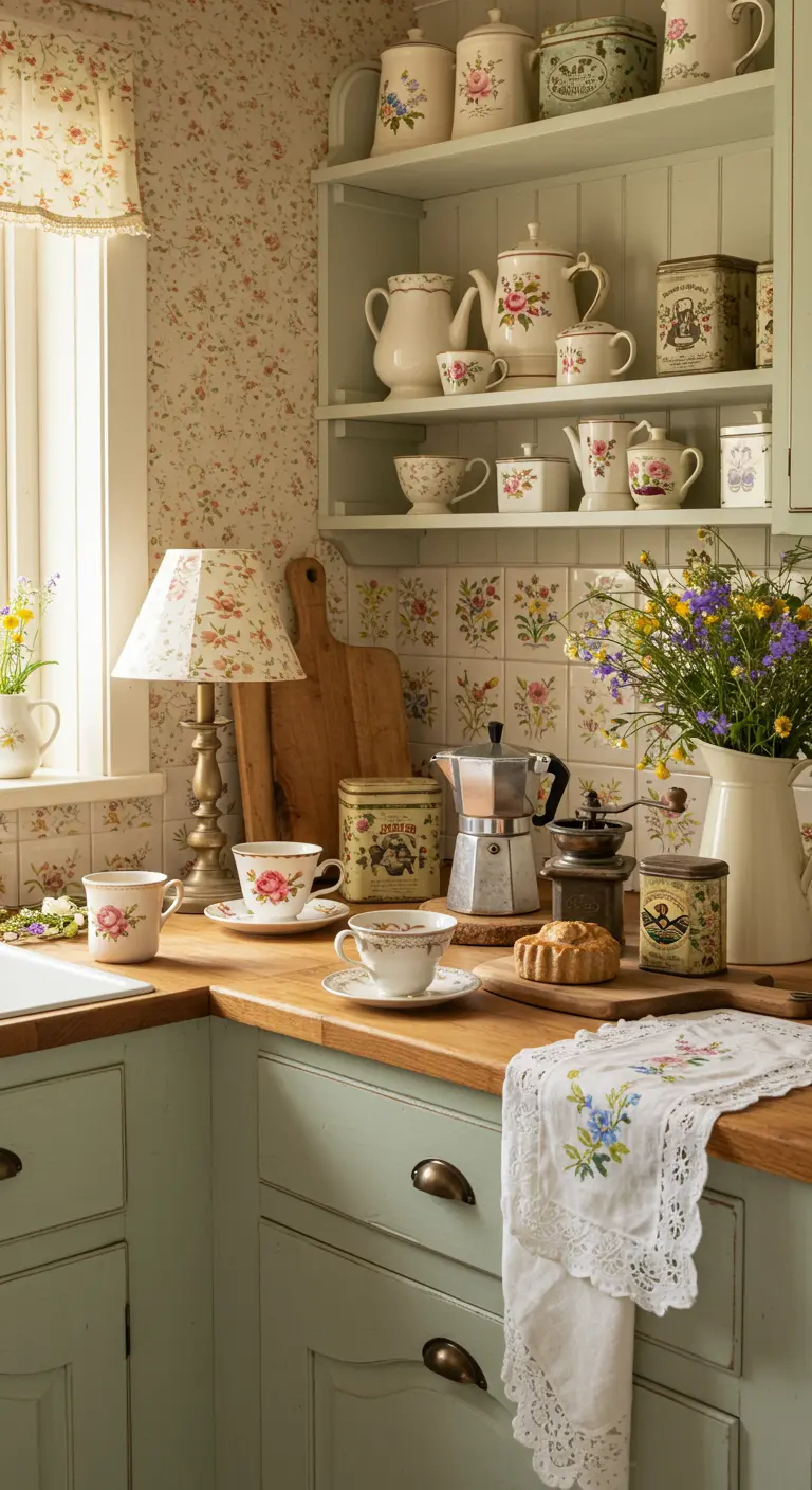 Cottagecore koffiecorner met bloemetjesbehang, brocante servies en vintage details.