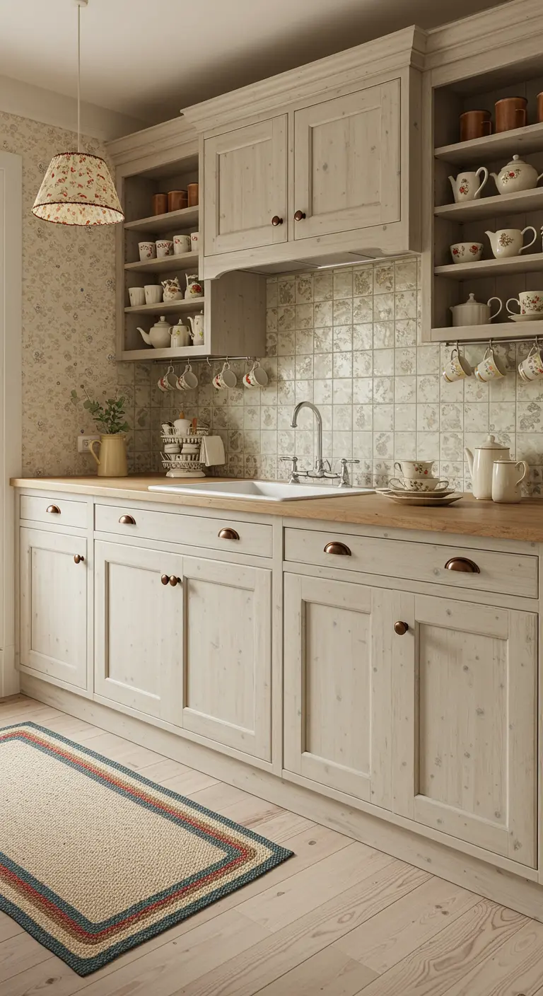 Landelijke, lichte houten keuken met siertegels, open schappen en gebloemde lamp.