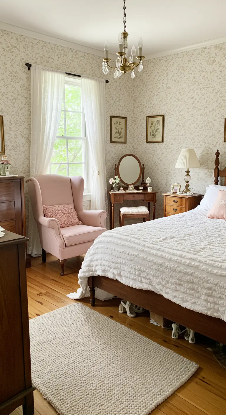 Cottagecore slaapkamer met roze teddy fauteuil en wit getextureerd sprei.
