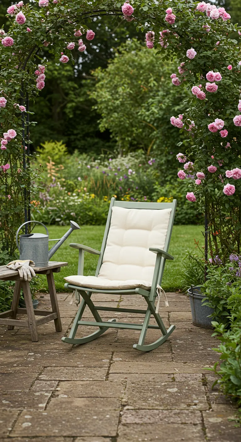 Saliegroene houten inklapbare schommelstoel met crème kussen op een terras omringd door rozen.