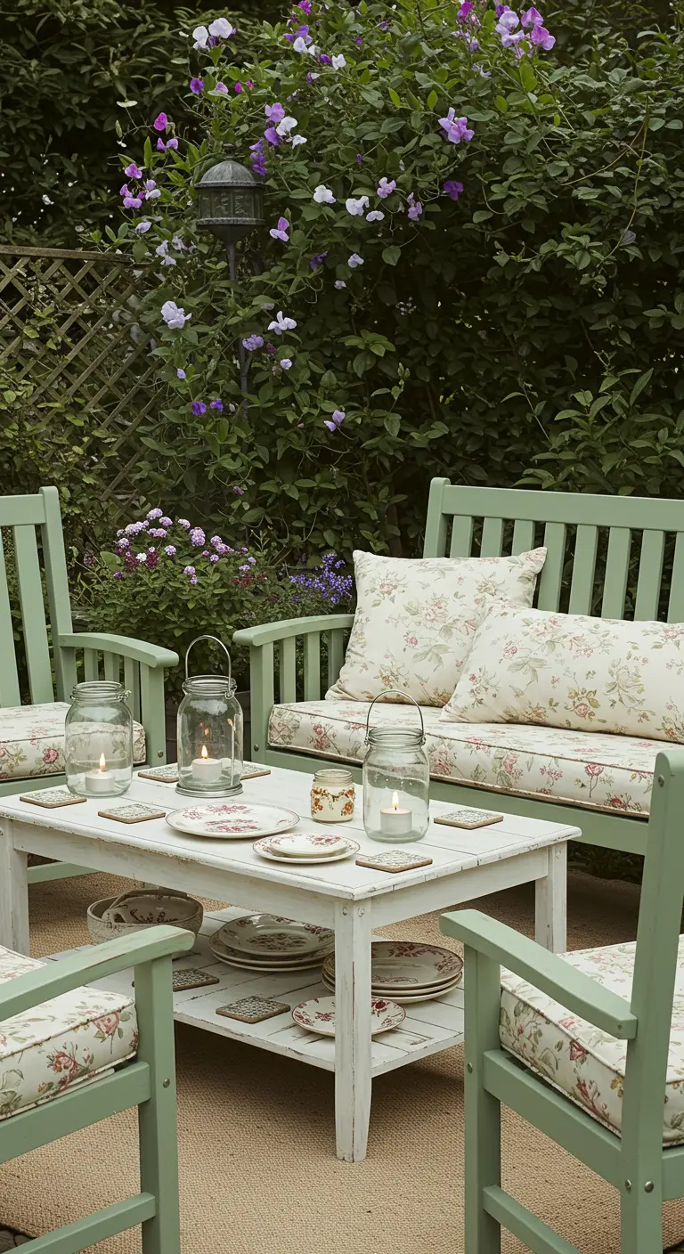 Mintgroene houten loungeset met bloemenkussens en brocante servies in cottage stijl.