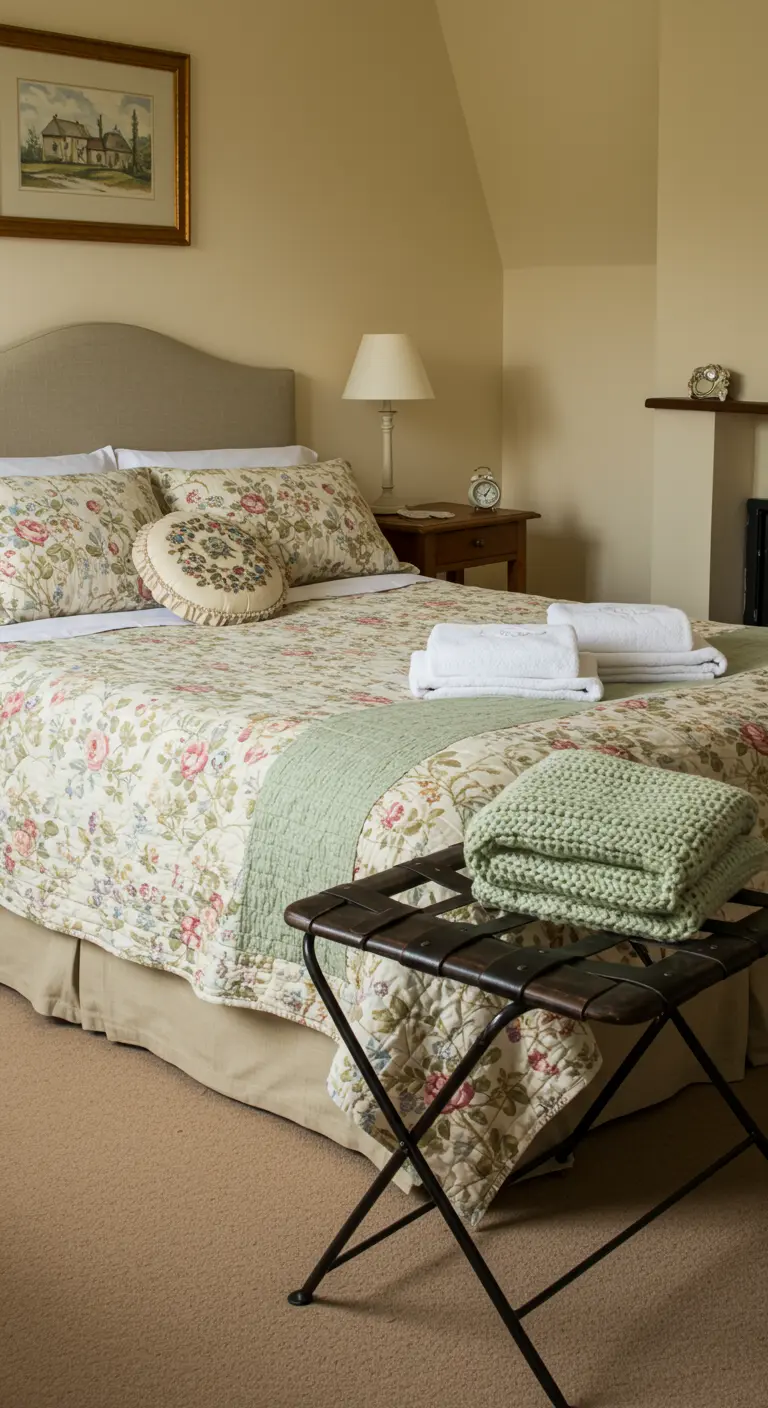 Bed in cottage-stijl met bloemenprint beddengoed, pastelgroene sprei en gebreide plaid.