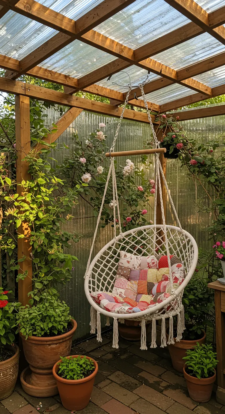 Macramé hangstoel met kleurrijke kussens onder houten pergola met golfplaten en rozen.