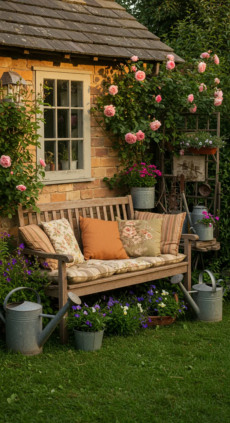 Houten bankje met bloemenprint kussens en een oranje kussen, naast klimrozen.