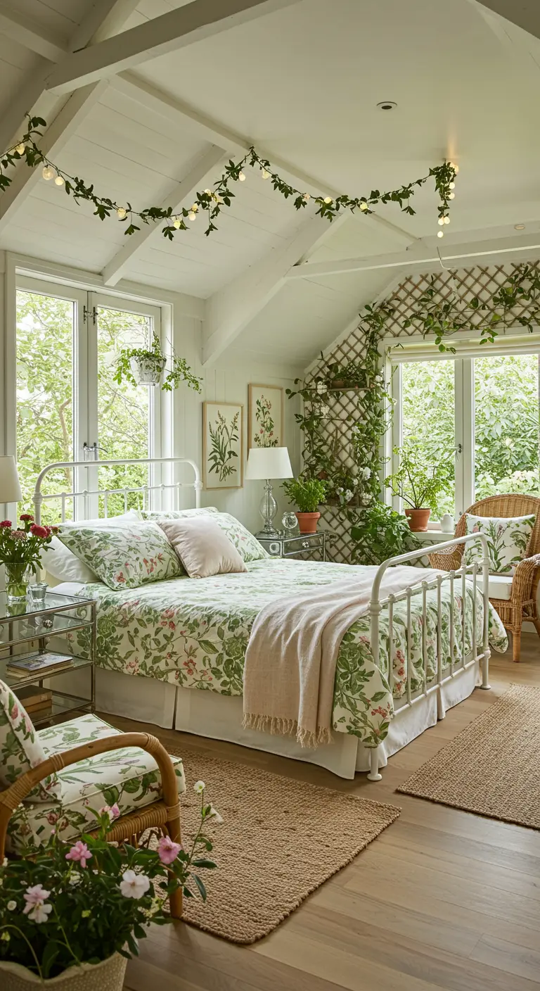 Cottagecore slaapkamer met bloemenprint beddengoed, lichtslingers en veel planten.