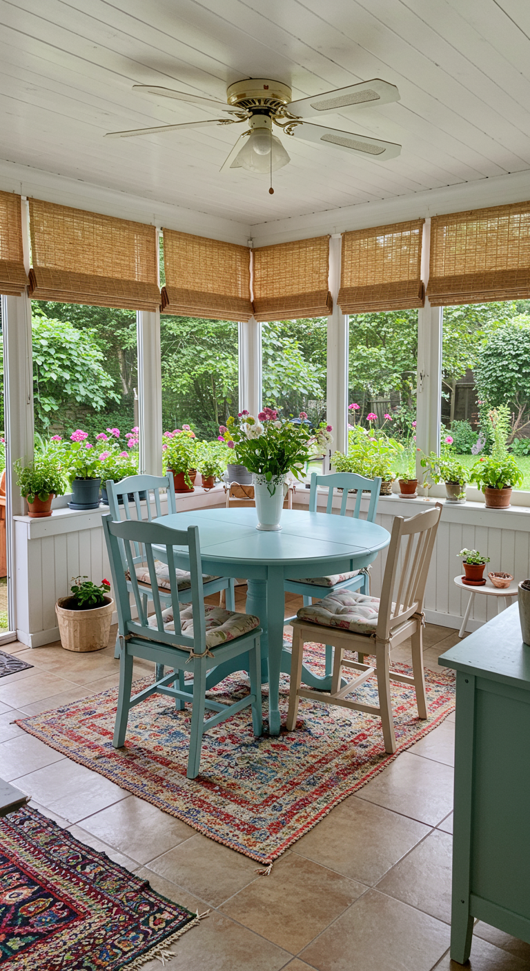 Lichte serre met ronde pastelblauwe eettafel en diverse gekleurde houten stoelen.