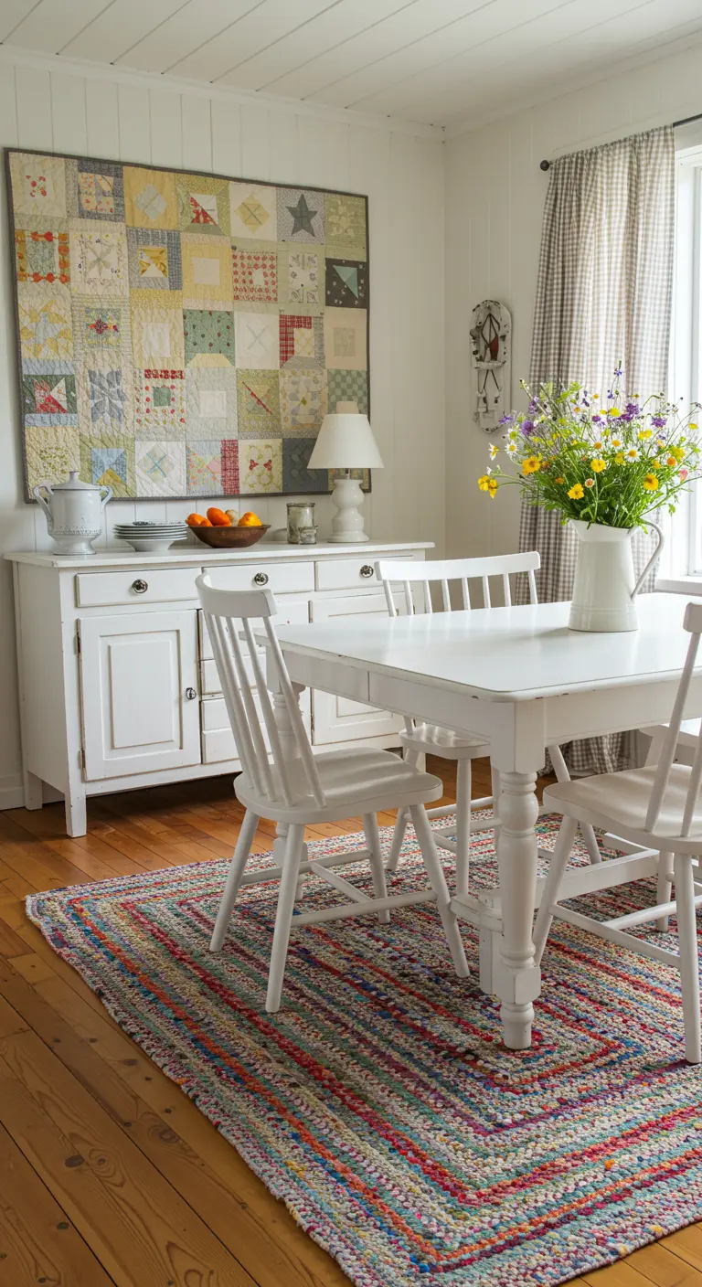 Landelijke eetkamer met quilt als wanddecoratie en kleurrijk gevlochten tapijt.