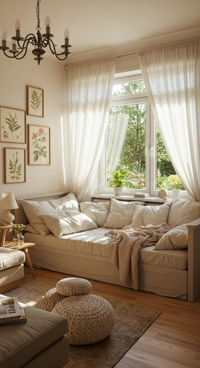 Licht daybed met veel kussens bij raam met doorschijnende gordijnen, botanische prints.