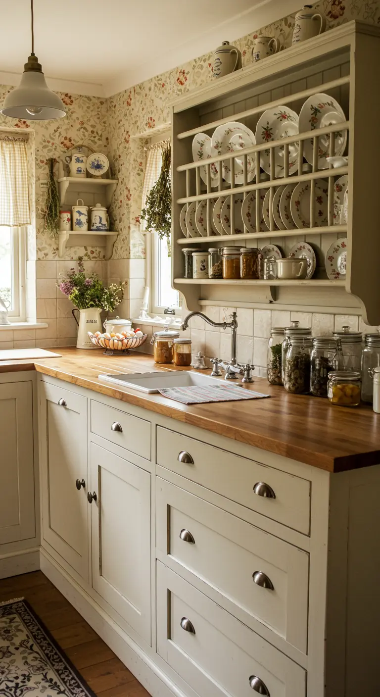 Landelijke keuken met een groot open bordenrek, crème kastjes en bloemetjesbehang.
