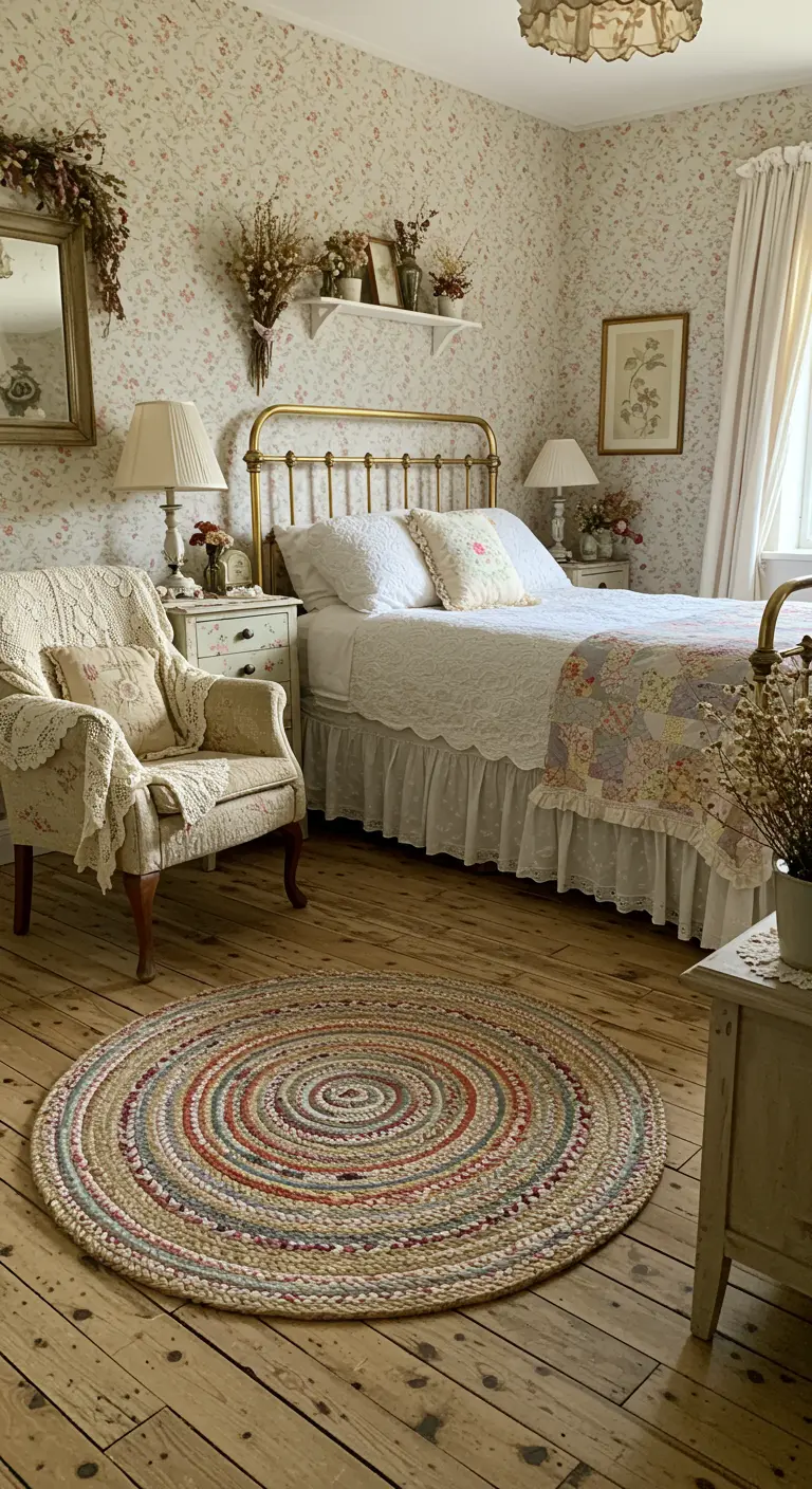 Cottagecore slaapkamer met een rond, veelkleurig gevlochten vloerkleed.