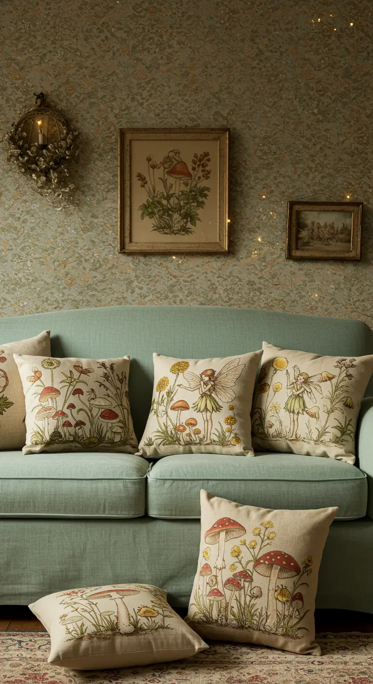 Lichtgroene bank met kussens met paddenstoel- en elfjesprints in een cottagecore interieur.