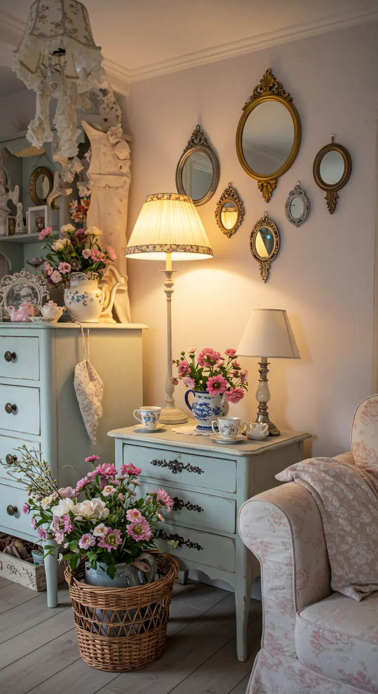Verzameling kleine vintage spiegels met diverse goud- en zilverkleurige lijstjes boven een lichtblauw kastje.
