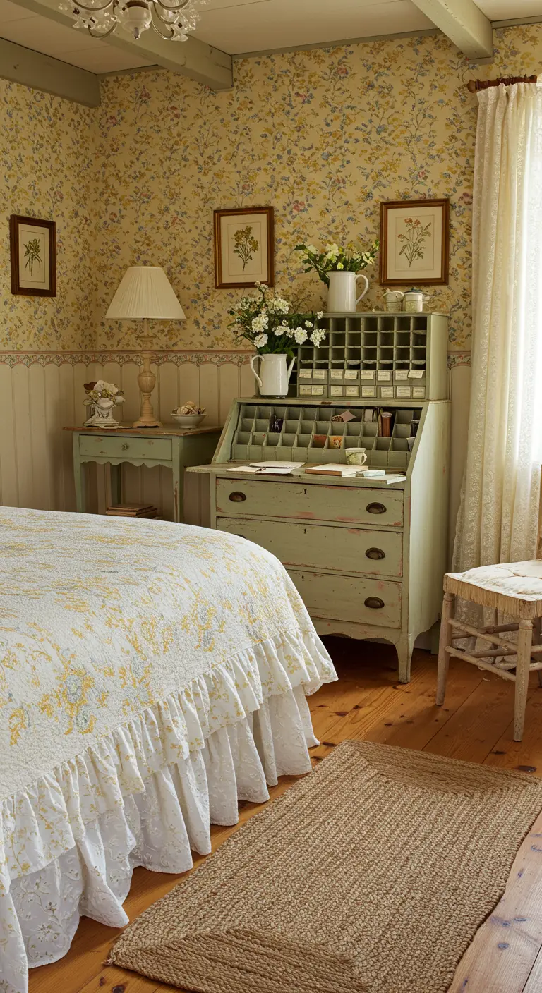 Cottage stijl slaapkamer met een mintgroene vintage secretaire vol vakjes.