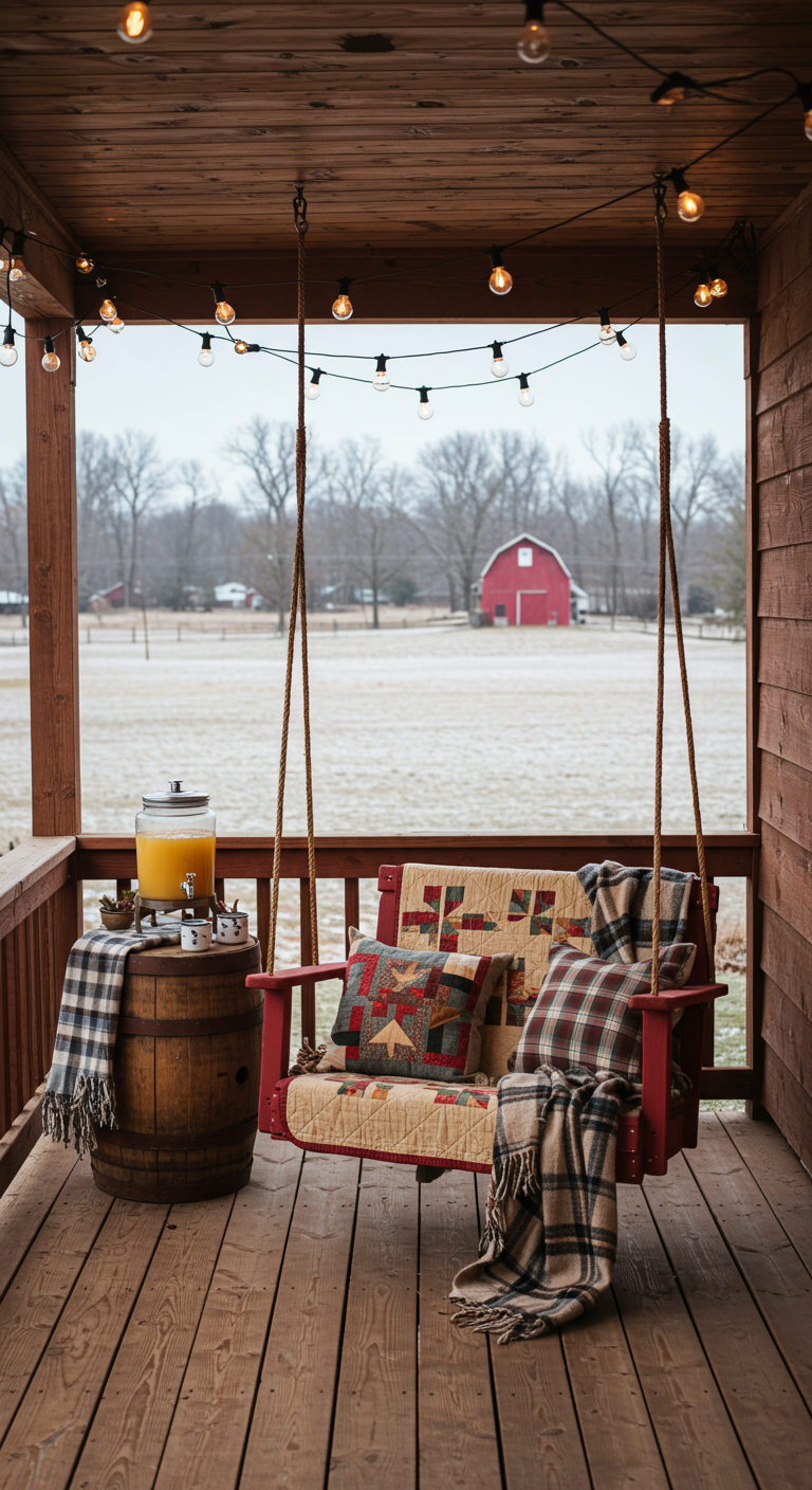 Houten schommelbank met patchwork quilt en plaids op veranda, met uitzicht op een winterlandschap.