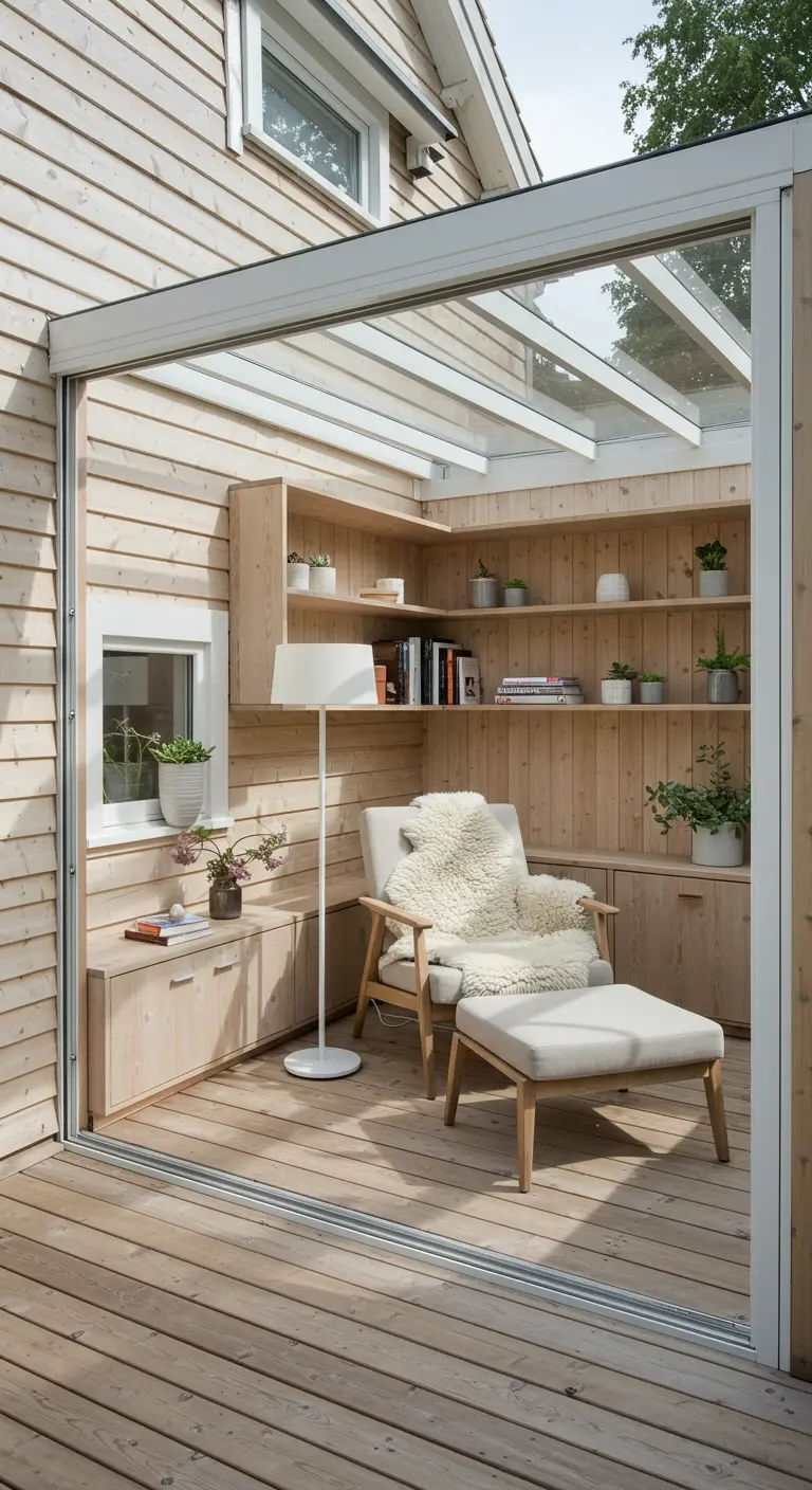 Knusse leeshoek onder een glazen dak, met houten muren, fauteuil en boekenplanken.