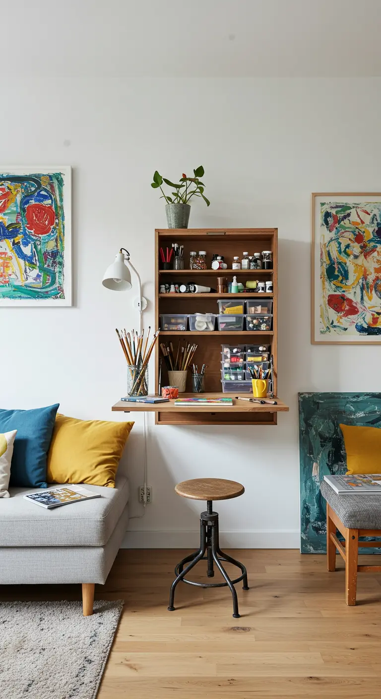 Compact uitklapbaar wandbureau in een hoek, met opbergvakjes voor creatieve spullen en een kruk.