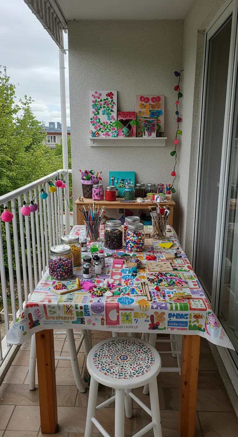 Balkon met knutseltafel vol kleurrijke materialen voor een kinderfeestje.