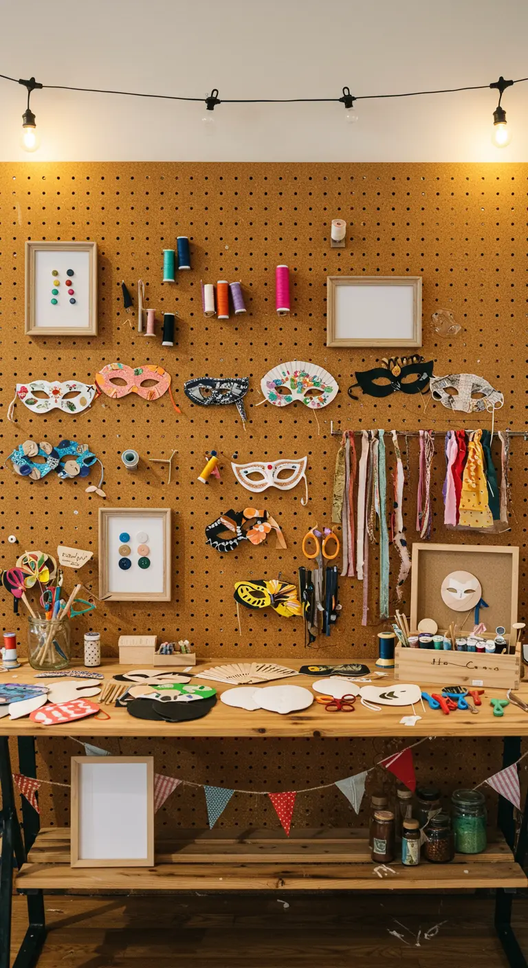 Creatieve photobooth met pegboard wand, DIY maskers, knutselbenodigdheden en linten.
