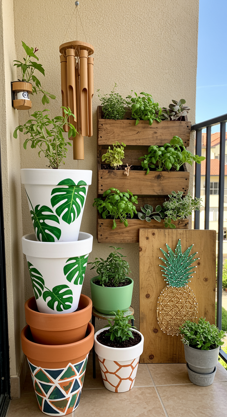 Balkon met DIY-decoraties: beschilderde potten, pallet-kruidentuin, en een ananas van touw.