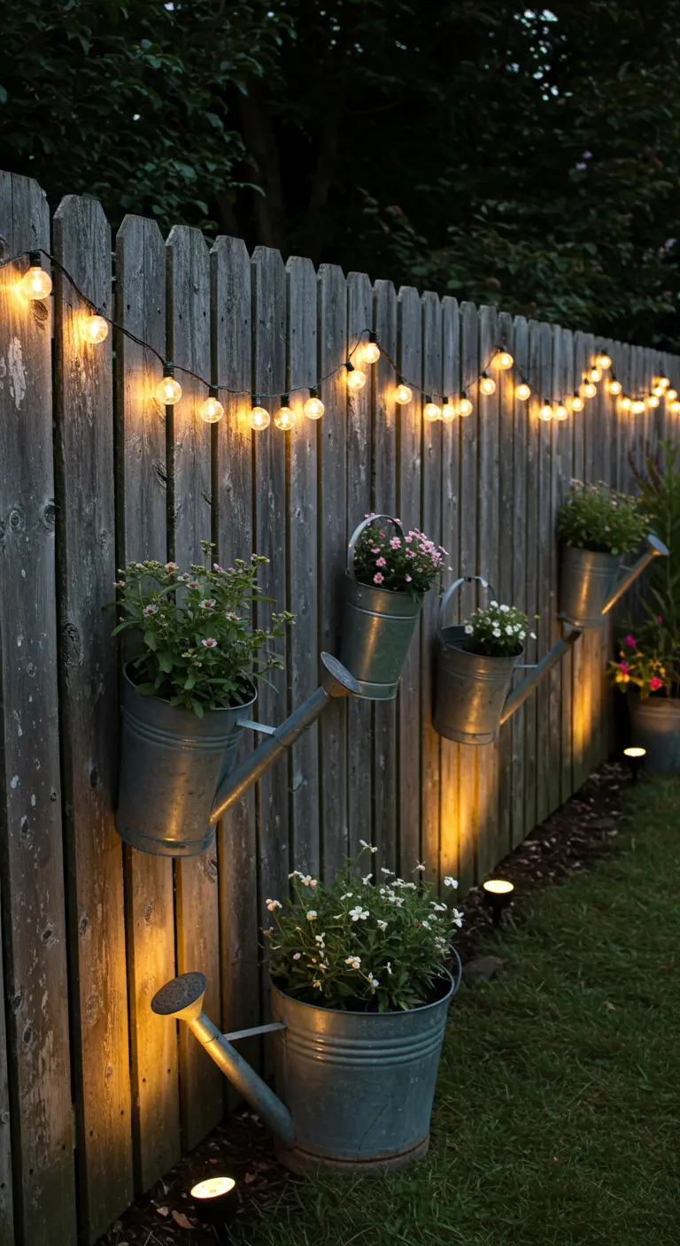 Houten schutting met prikkabel en zinken gieters als plantenbakken, verlicht door spots.