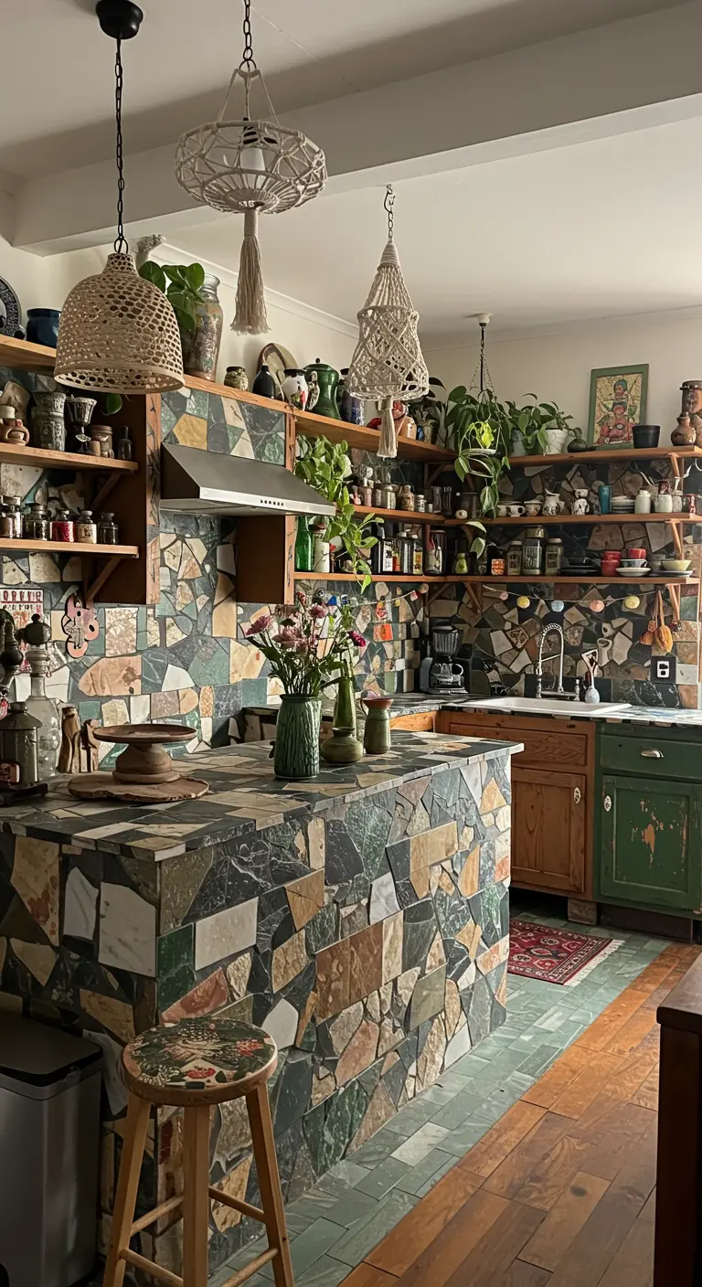 Eclectische keuken met kookeiland en achterwand bekleed met patchwork natuursteen.