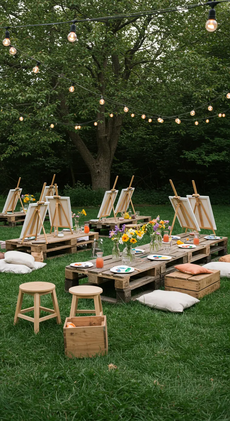 Buiten schilderfeest met ezels op pallettafels, bloemen en sfeerverlichting.