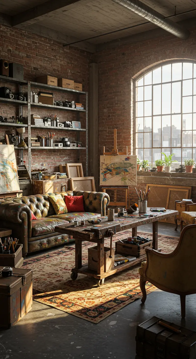 Atelier-stijl woonkamer met bakstenen muur, leren Chesterfield, schildersezel en kunstbenodigdheden.