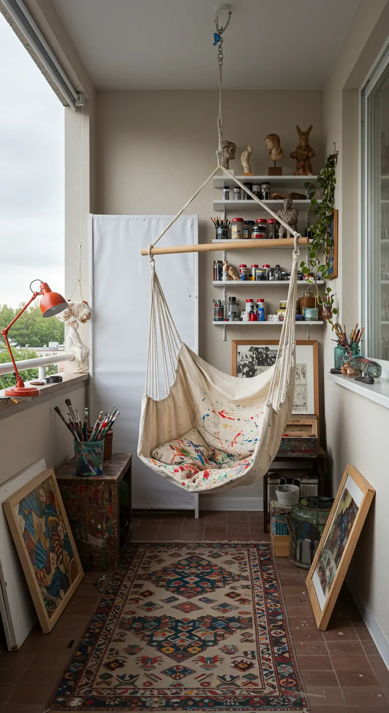 Balkon met canvas hangstoel, kunstenaarsbenodigdheden, schilderijen en een kleurrijk tapijt.