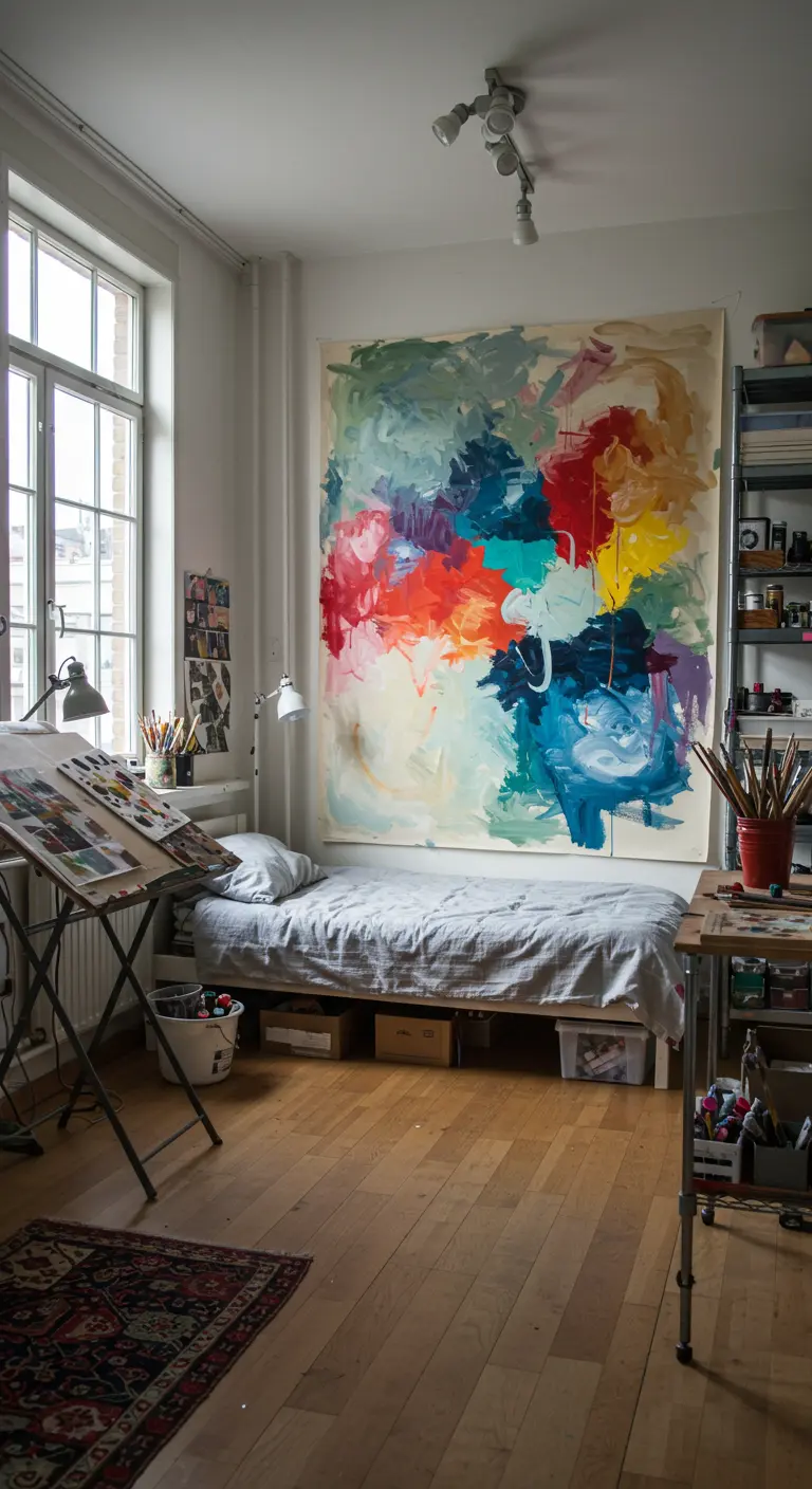 Groot abstract kleurrijk schilderij nonchalant tegen muur in studio-achtige slaapkamer.