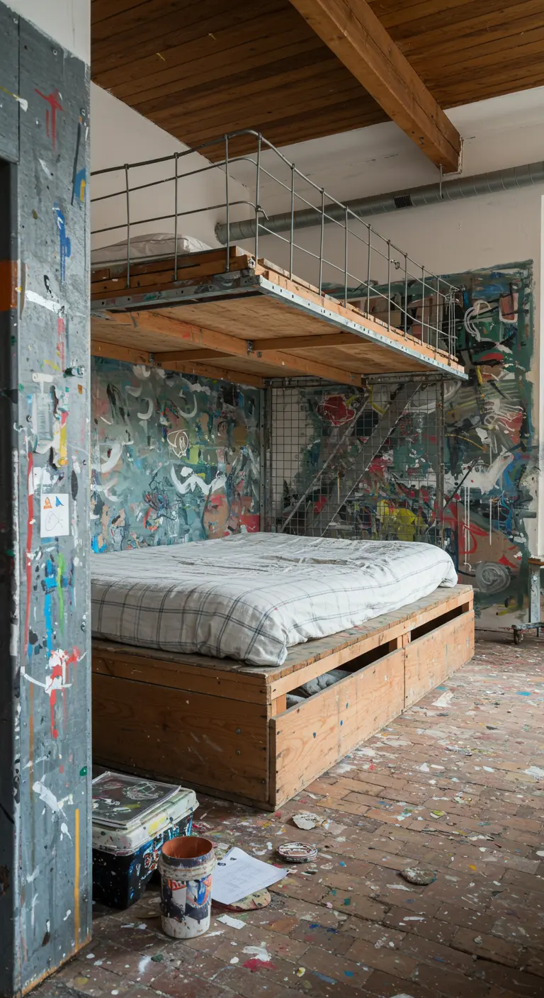 Artistieke slaapkamer met een kleurrijke graffiti-achtige muur achter het bed.