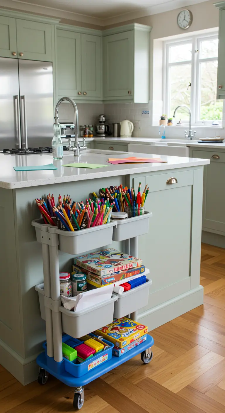 Blauw-witte kunststof trolley voor kinderen, gevuld met kleurpotloden, verf en knutselspullen.