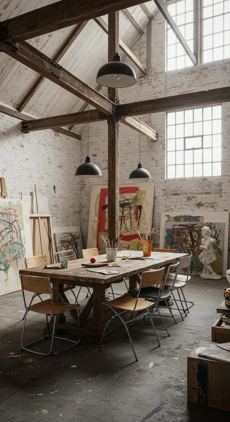 Eethoek in een kunstenaarsatelier met grote houten tafel, diverse stoelen en kunst.