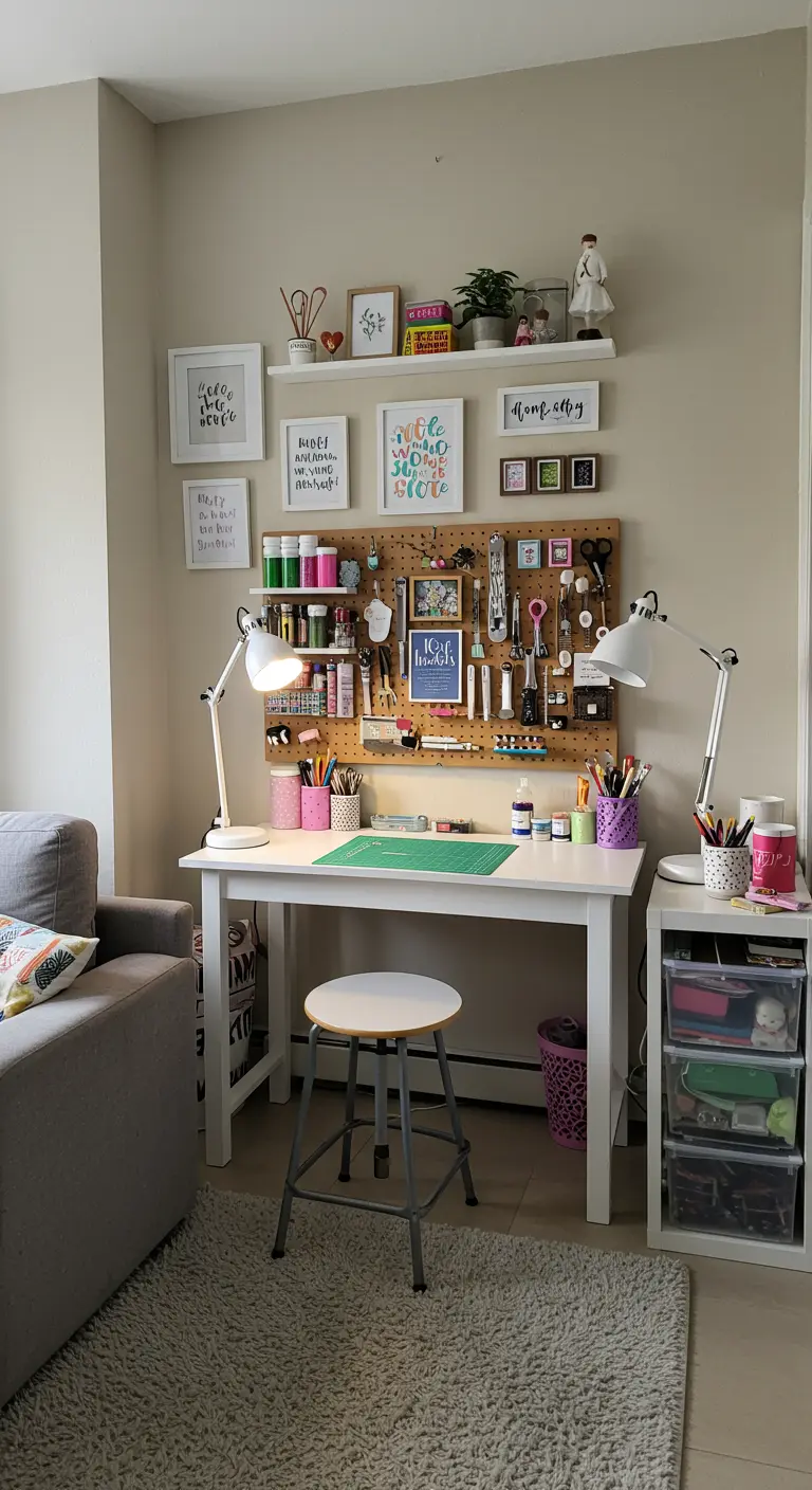 Galerijwand boven een bureau met prints, foto's en hobby-accessoires op een pegboard.