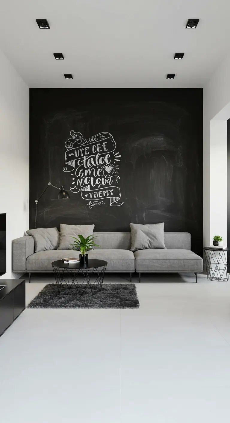 Moderne woonkamer met een grote zwarte krijtbordmuur met witte typografie achter een grijze bank.