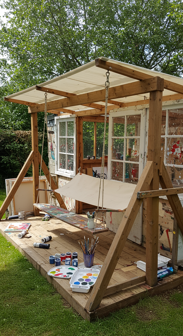 Houten overkapping als atelier met canvas schommelbank en verfspullen.
