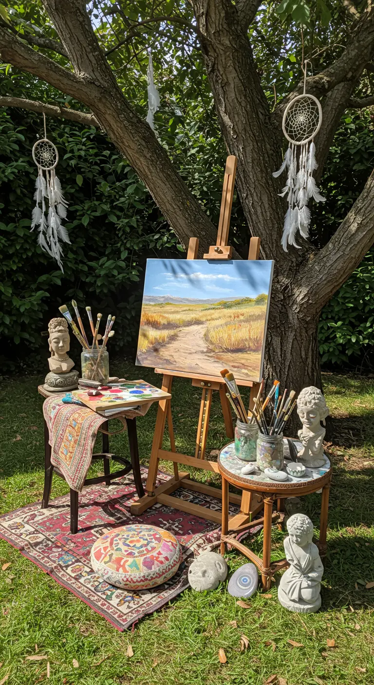 Buiten schilderatelier onder een boom met ezel, dromenvangers en tapijt.
