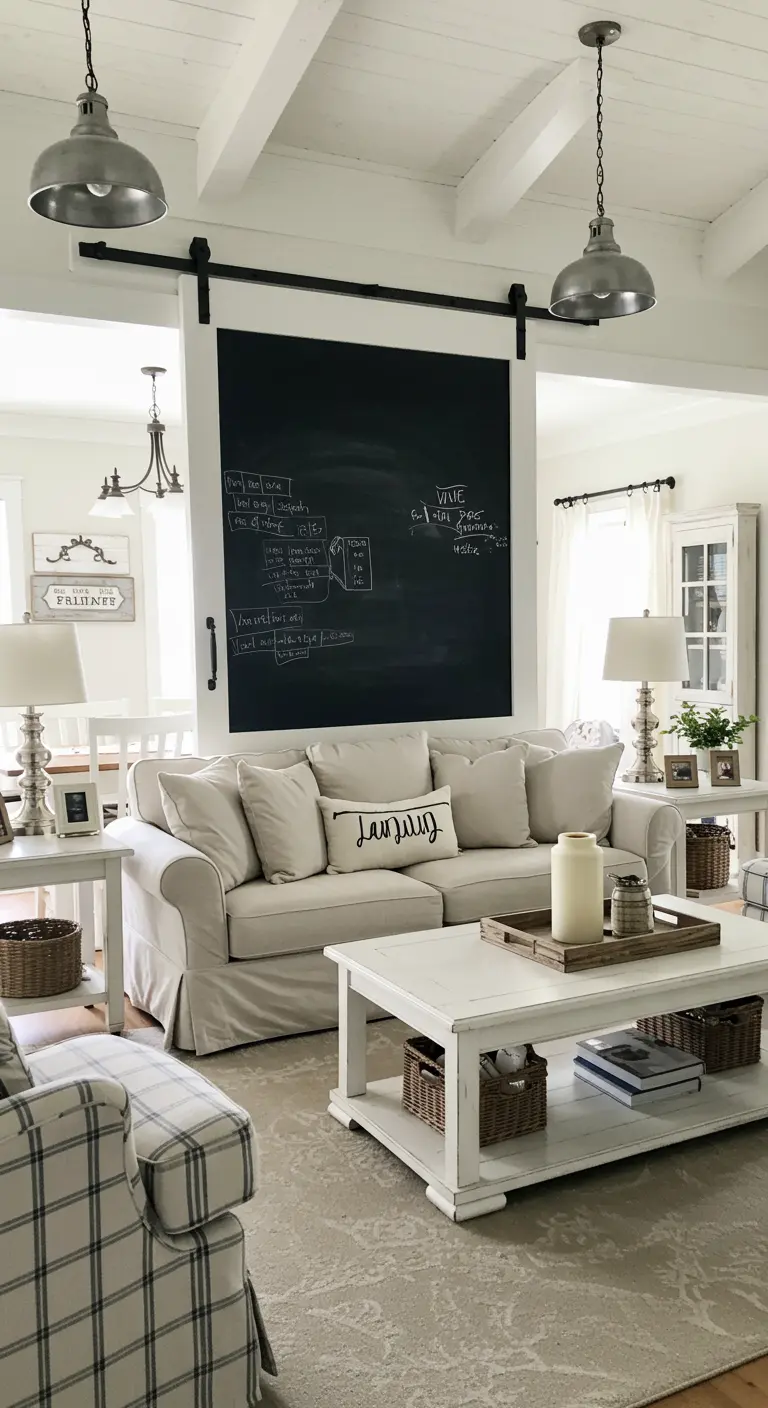 Witte woonkamer met een grote zwarte schuifdeur die als krijtbord dient.