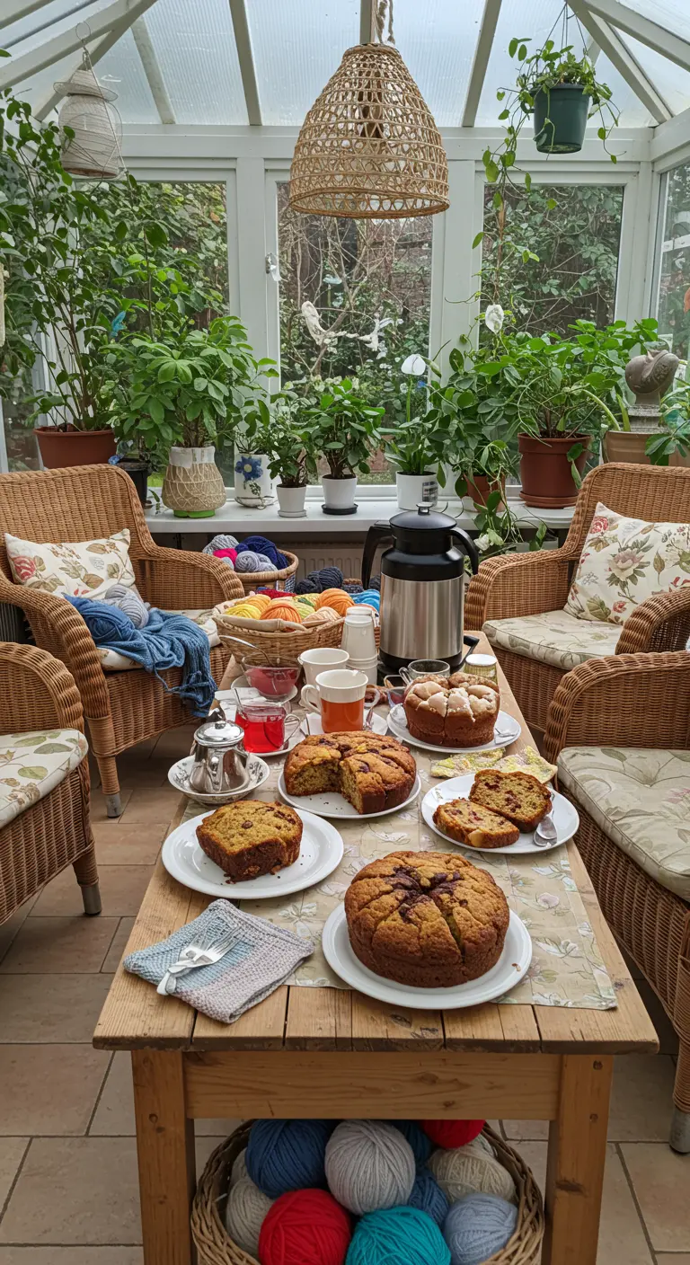 Serre met rotan meubels, breiwerk, planten, cake en koffie.