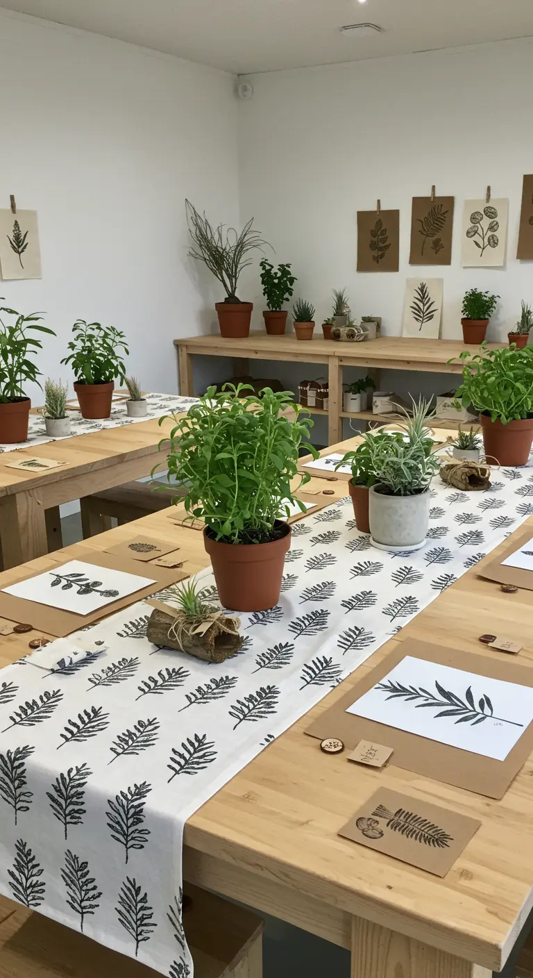 Workshoptafels met varenprint tafelloper, kruidenplantjes en botanische illustraties.