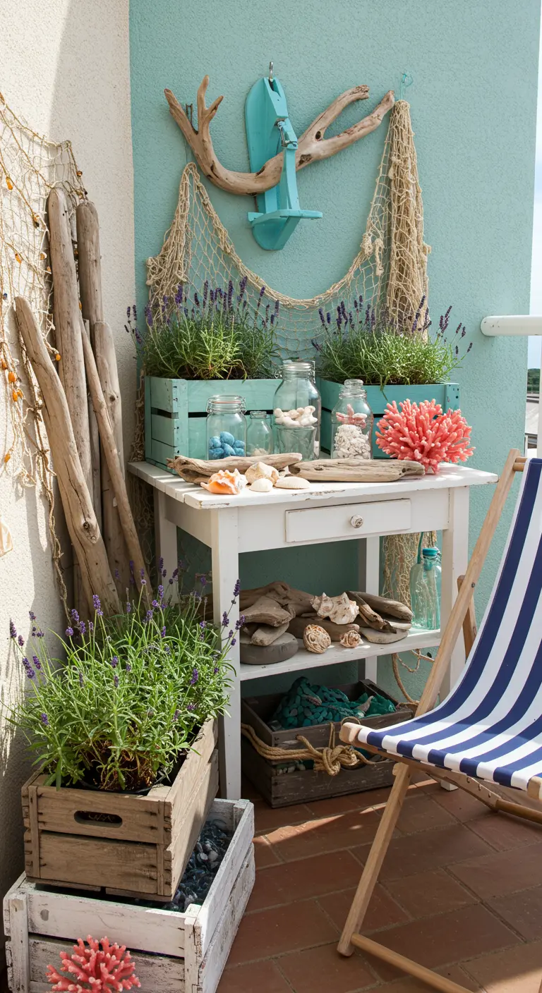Maritieme knutselhoek op balkon met drijfhout, visnetten, lavendel en een strandstoel.
