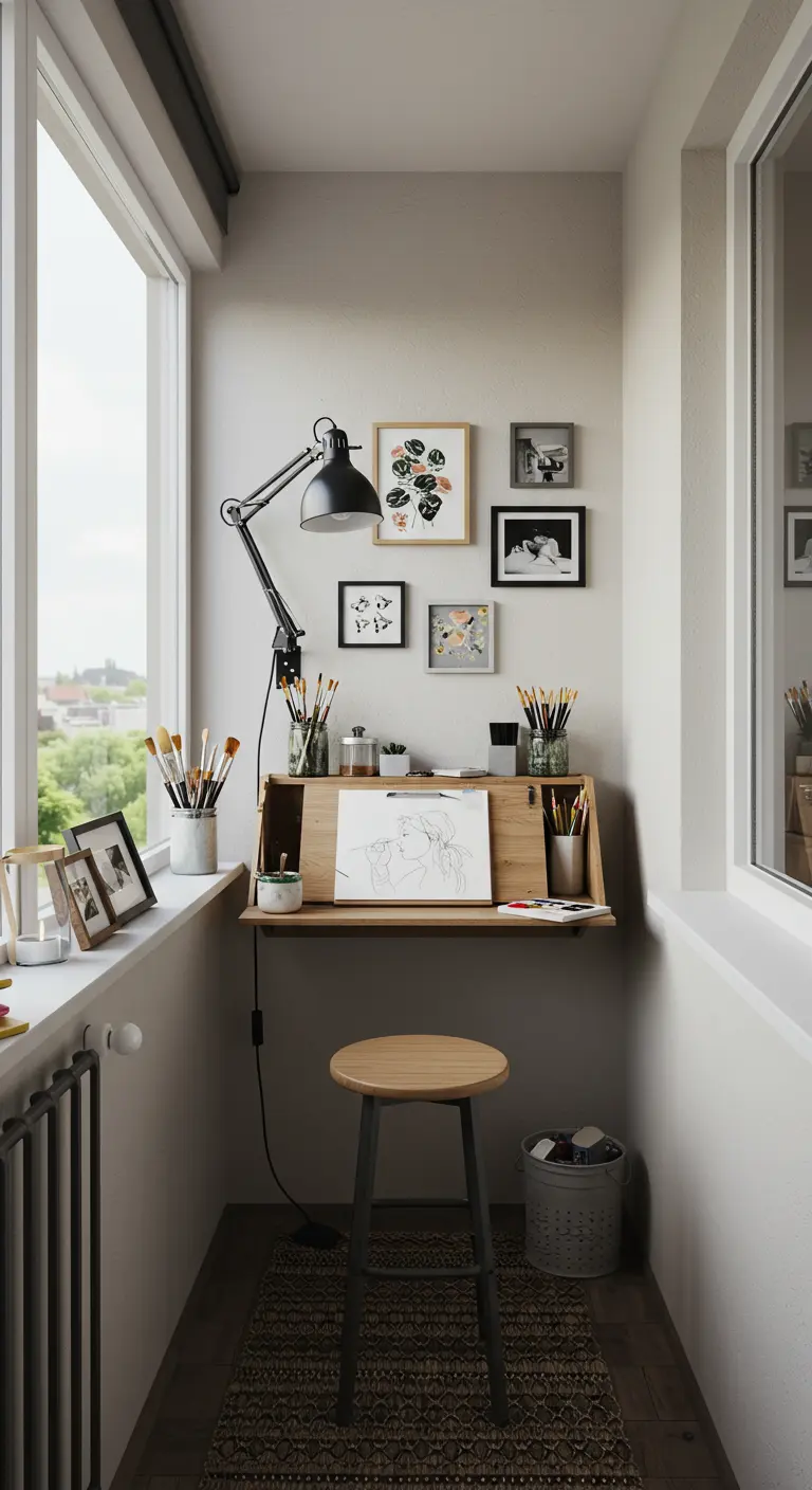 Smal balkon ingericht als creatieve werkplek met opklapbureau en kruk.