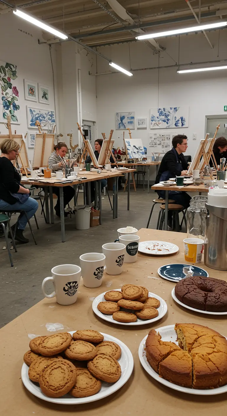 Schildersatelier met ezels, koffie, cake en koekjes op werktafels.