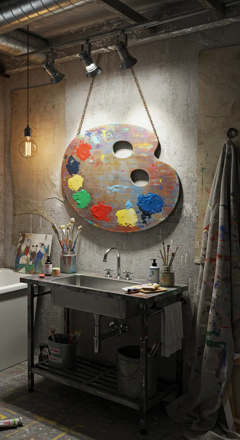 Industriële badkamer met een spiegel in de vorm van een schilderspalet.