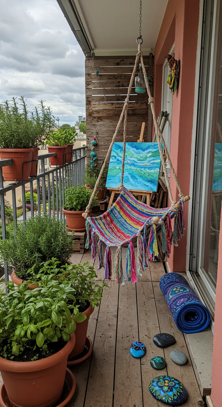 Kleurrijke DIY hangstoel op balkon met kruiden en beschilderde stenen.