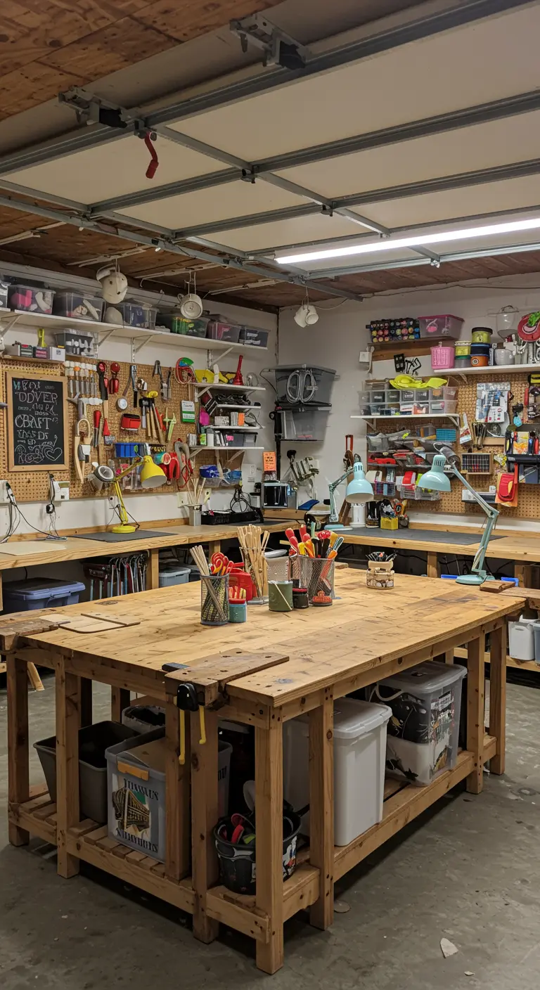 Creatieve werkplaats in garage met houten werkbanken, gereedschap en knutselspullen.